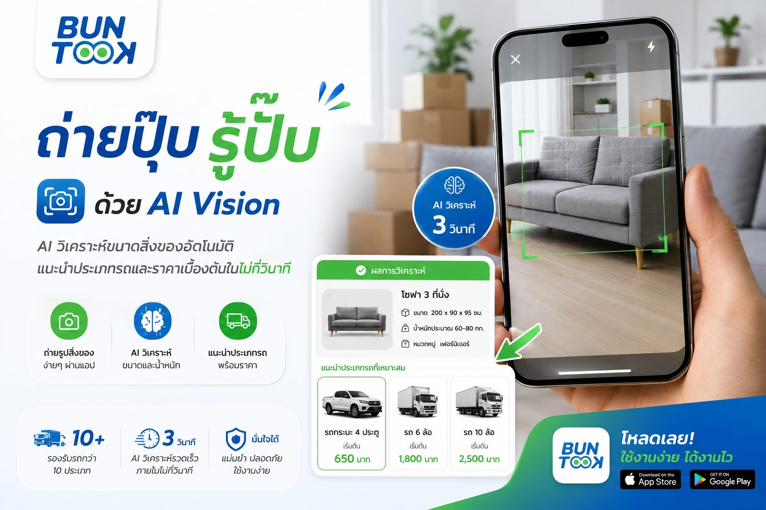 ขั้นตอนที่ 1 ถ่ายรูปของ — AI Vision วิเคราะห์ขนาดสิ่งของอัตโนมัติ แนะนำประเภทรถพร้อมราคาเบื้องต้นใน 3 วินาที