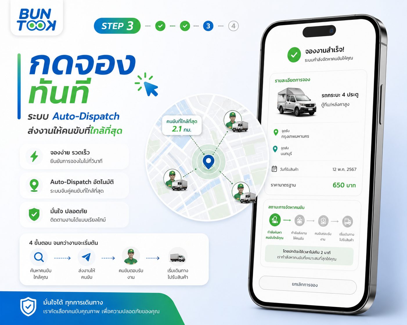 ขั้นตอนที่ 3 กดจองทันที — ระบบ Auto-Dispatch ส่งงานให้คนขับที่ใกล้ที่สุดอัตโนมัติ ยืนยันการจองในไม่กี่วินาที